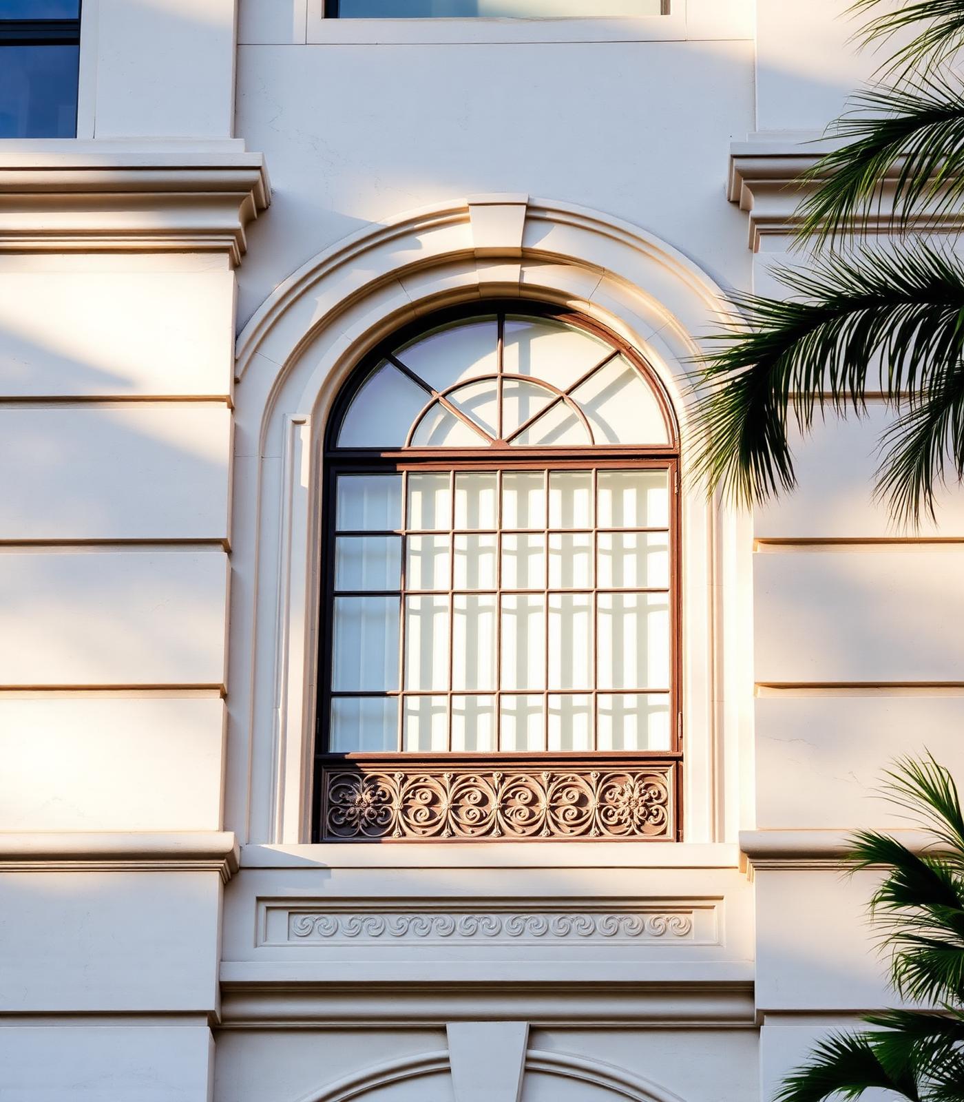 Arched window with wrought-iron detailing on a Coral Gables Mediterranean Revival facade