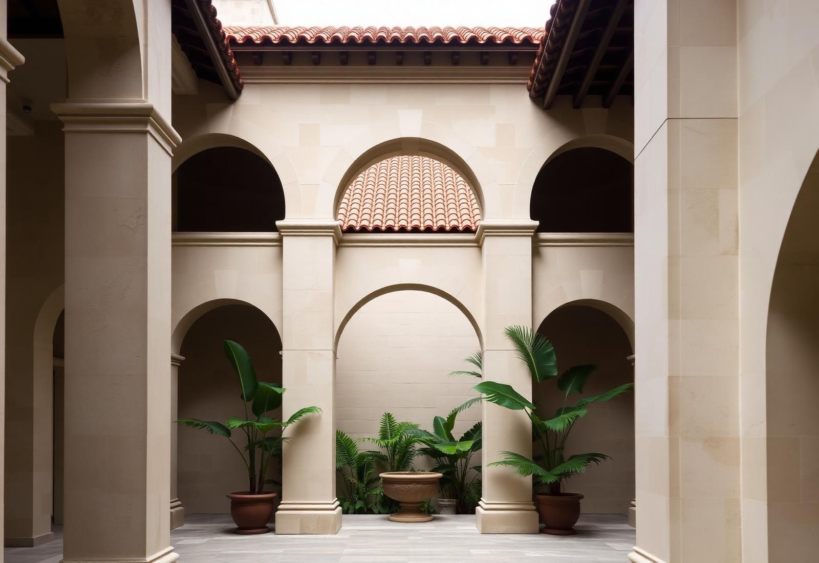 Mediterranean Revival courtyard with arches, limestone walls, and terracotta roof detail in Coral Gables
